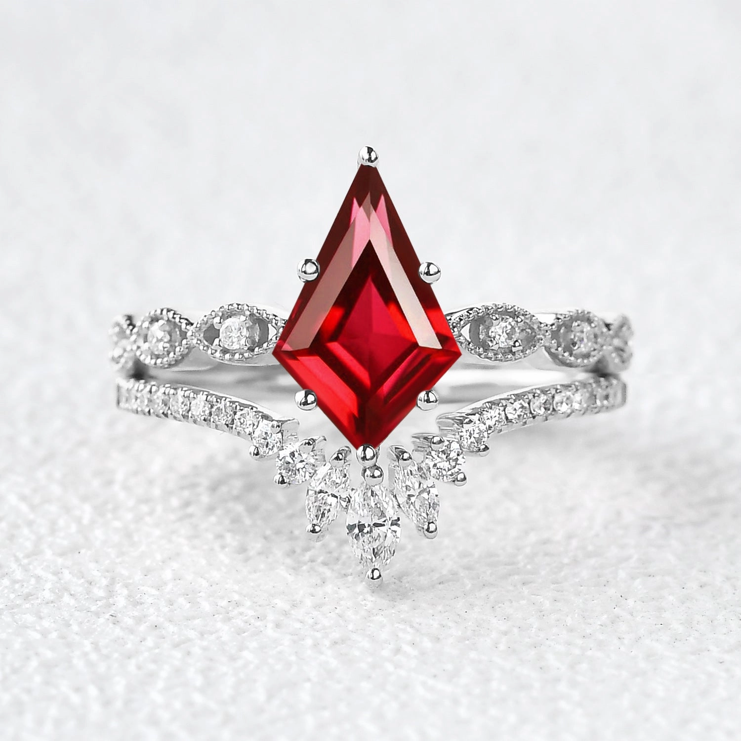 Unique Kite Cut Lab Ruby Engagement Ring Set 2pcs Graceful Charm Radiant Finish Pieces