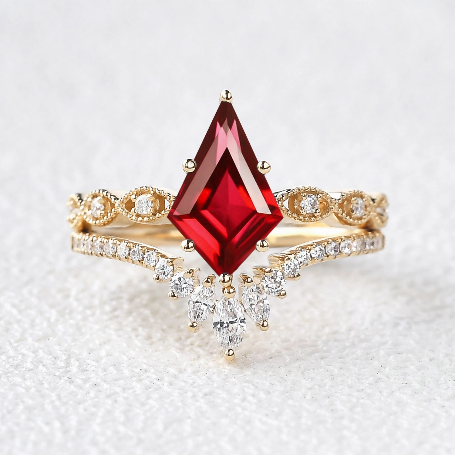 Glamorous Glow Glamorous Mood Unique Kite Cut Lab Ruby Engagement Ring Set 2pcs