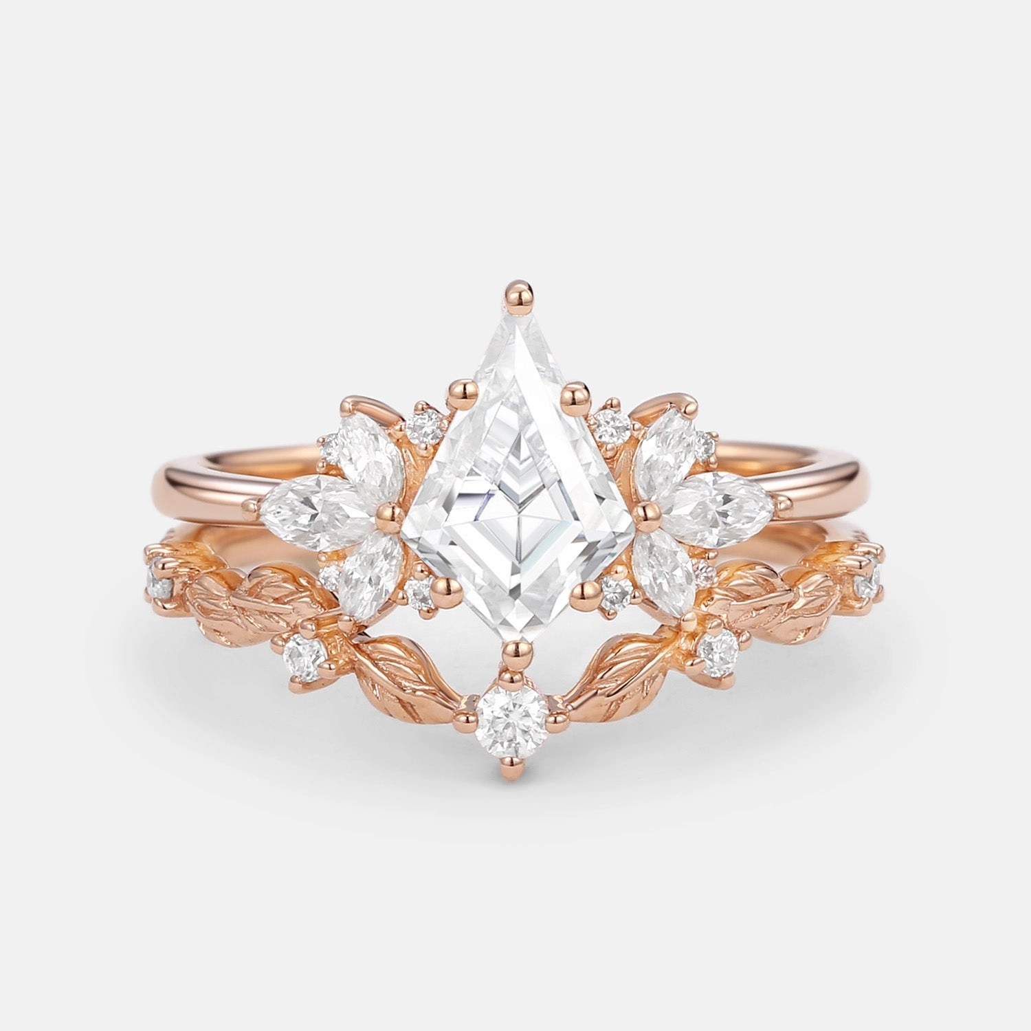 Unique Kite Cut Moissanite Butterfly Cluster Ring Set 2pcs Smooth Feature