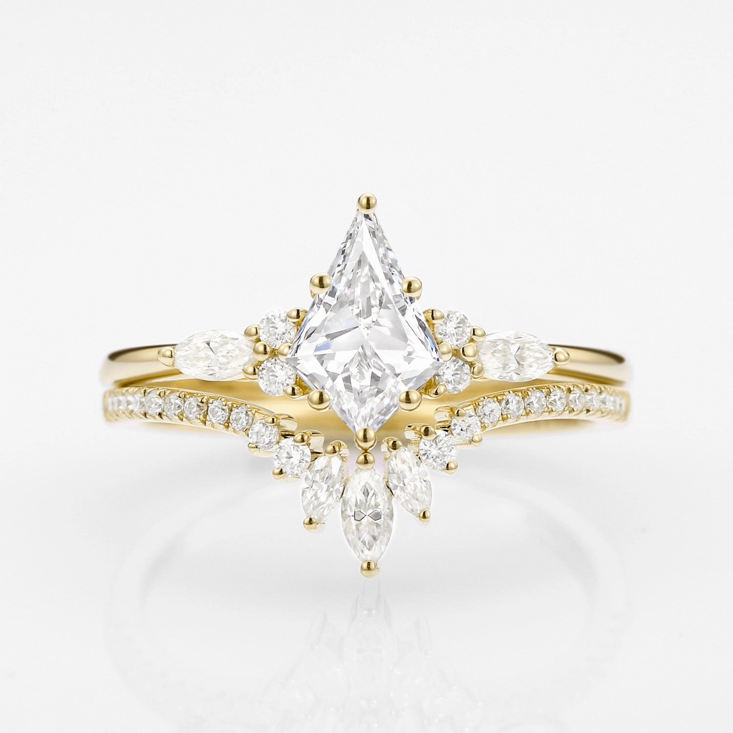 Unique Kite Cut Moissanite Classic Engagement Ring Set 2pcs - Rebecca Finest Craft