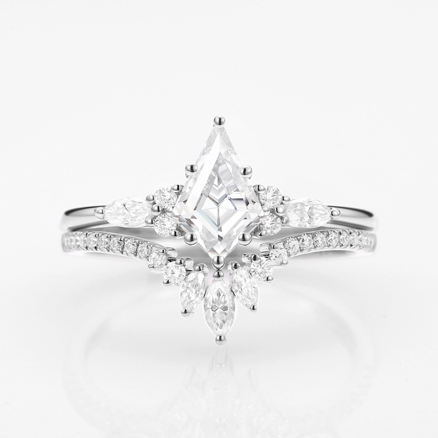 Unique Kite Cut Moissanite Classic Engagement Ring Set 2pcs - Rebecca Bold Accent Flat Shot