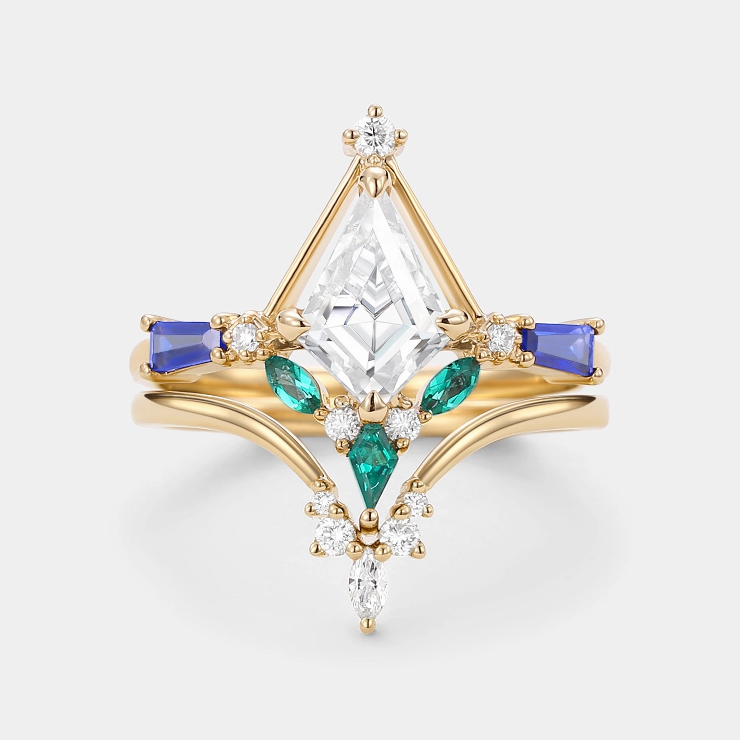 Elite Finish Unique Kite Cut Moissanite Curved Engagement Ring Set 2pcs