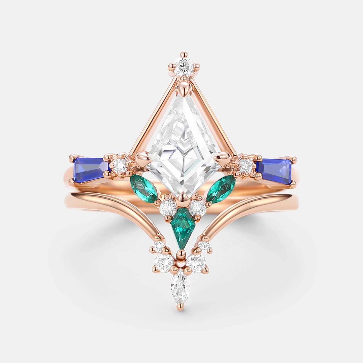 Ethereal Vibe Unique Kite Cut Moissanite Curved Engagement Ring Set 2pcs