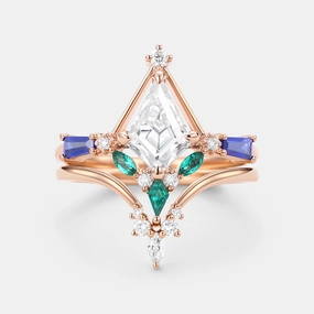 Ethereal Vibe Unique Kite Cut Moissanite Curved Engagement Ring Set 2pcs