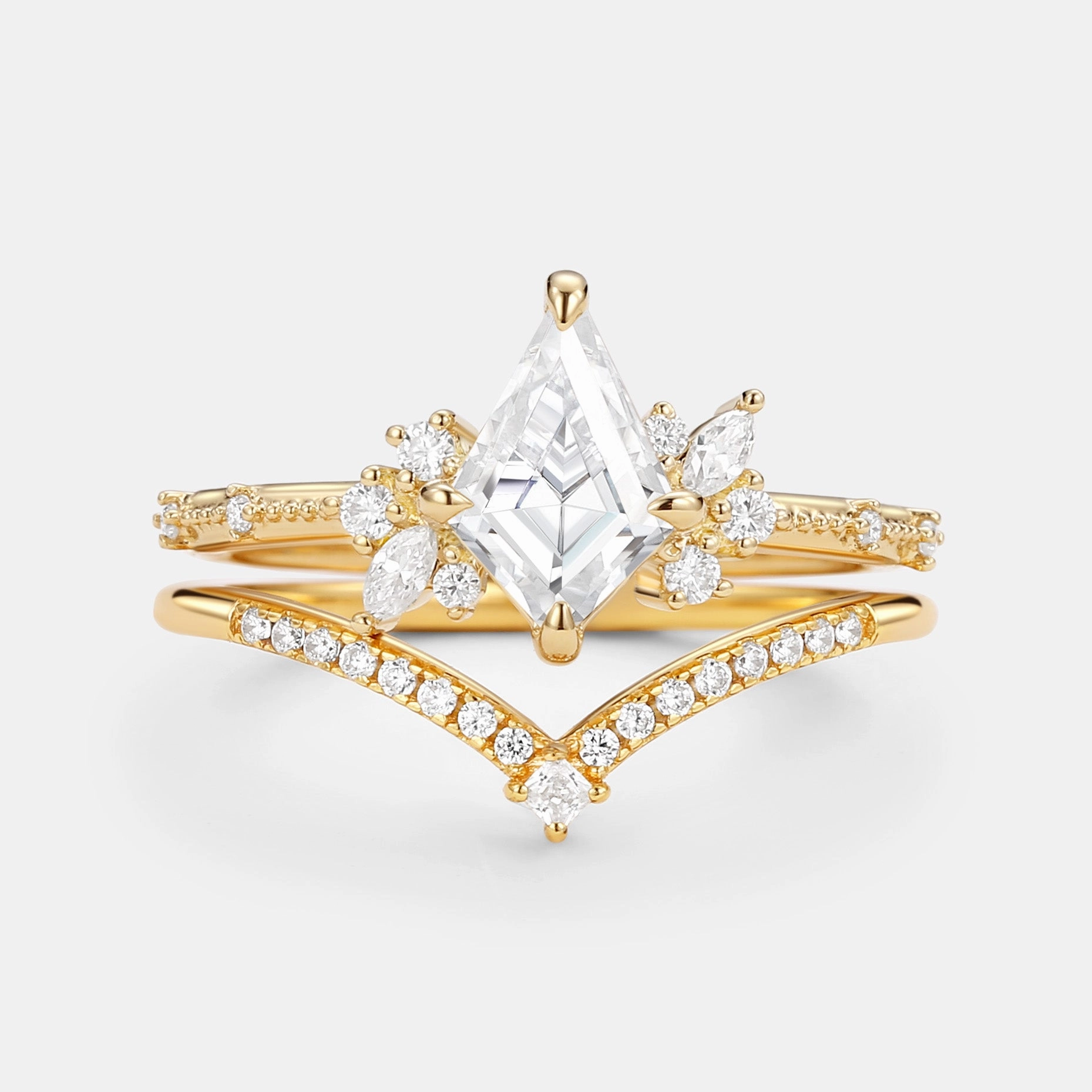 Effortless Glow Everyday Gift Unique Kite Cut Moissanite Engagement Ring Set 2pcs