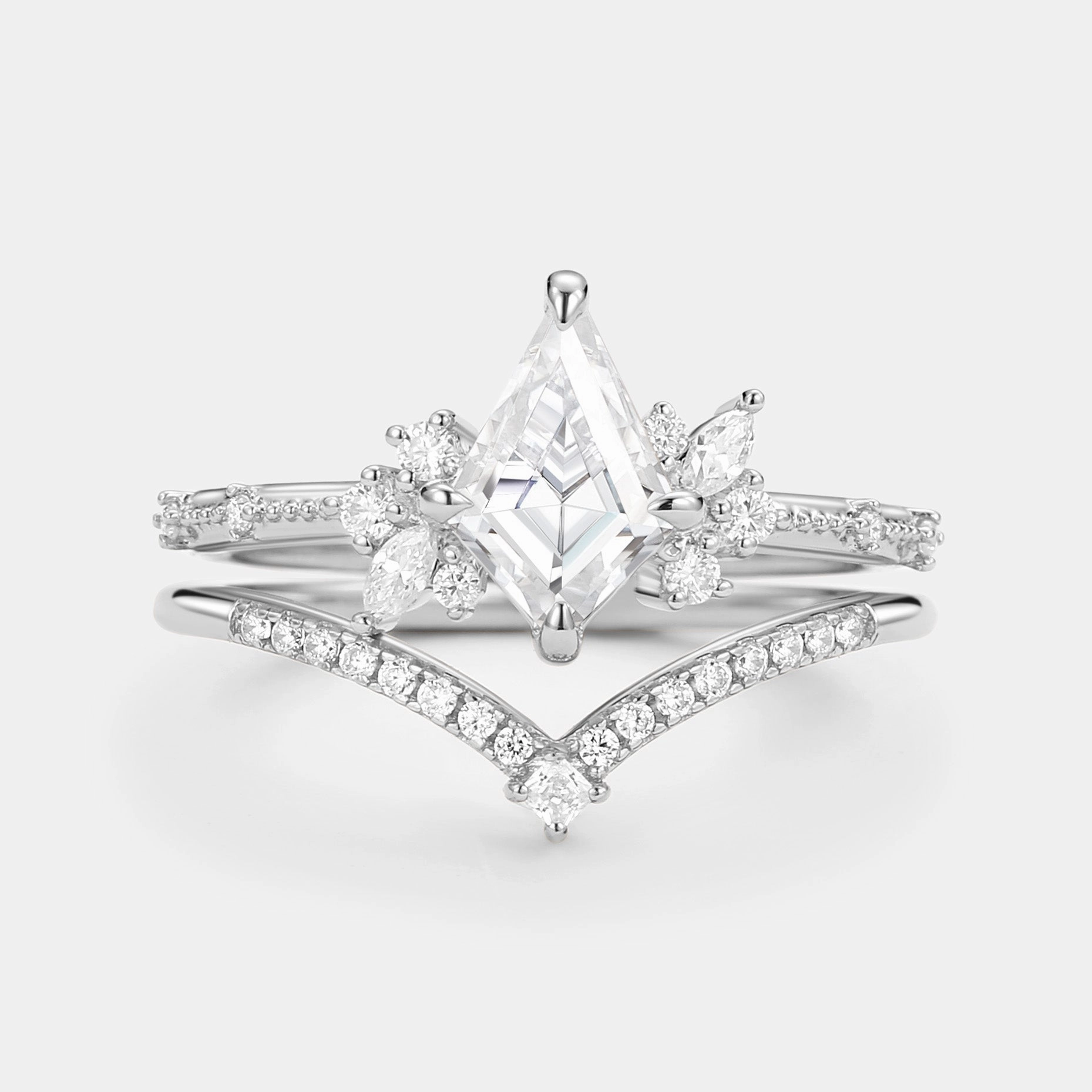 Classic Shine Distinctive Layer Unique Kite Cut Moissanite Engagement Ring Set 2pcs
