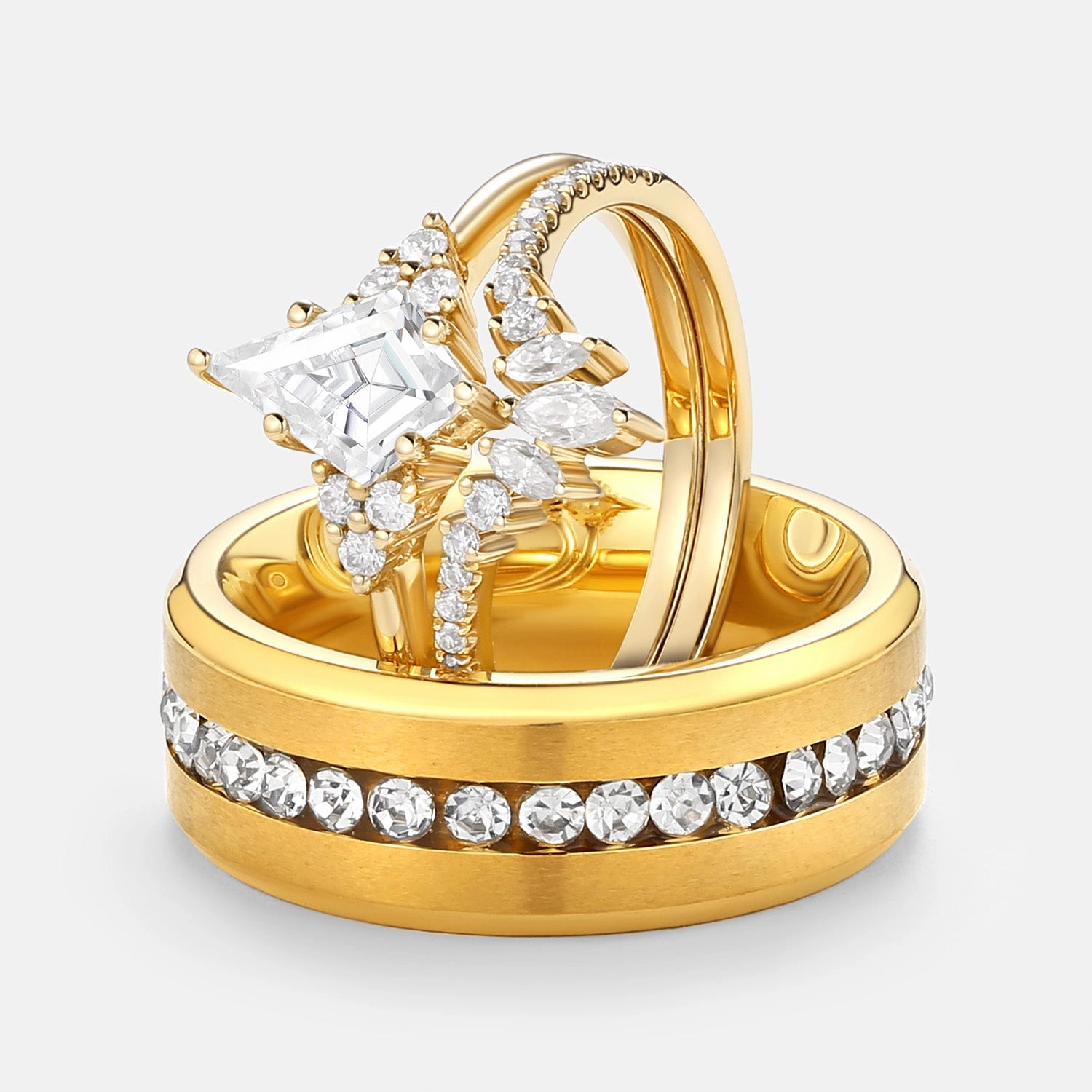 Unique Kite Cut Moissanite Vintage Couple Ring Set 3pcs - Lydia Crisp Finish Fashion Glow