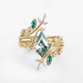 Artisan Flair Brunch Date Unique Kite Cut Moss Agate & Emerald Cage Leafy Engagement Ring Sets 2pcs - Knight