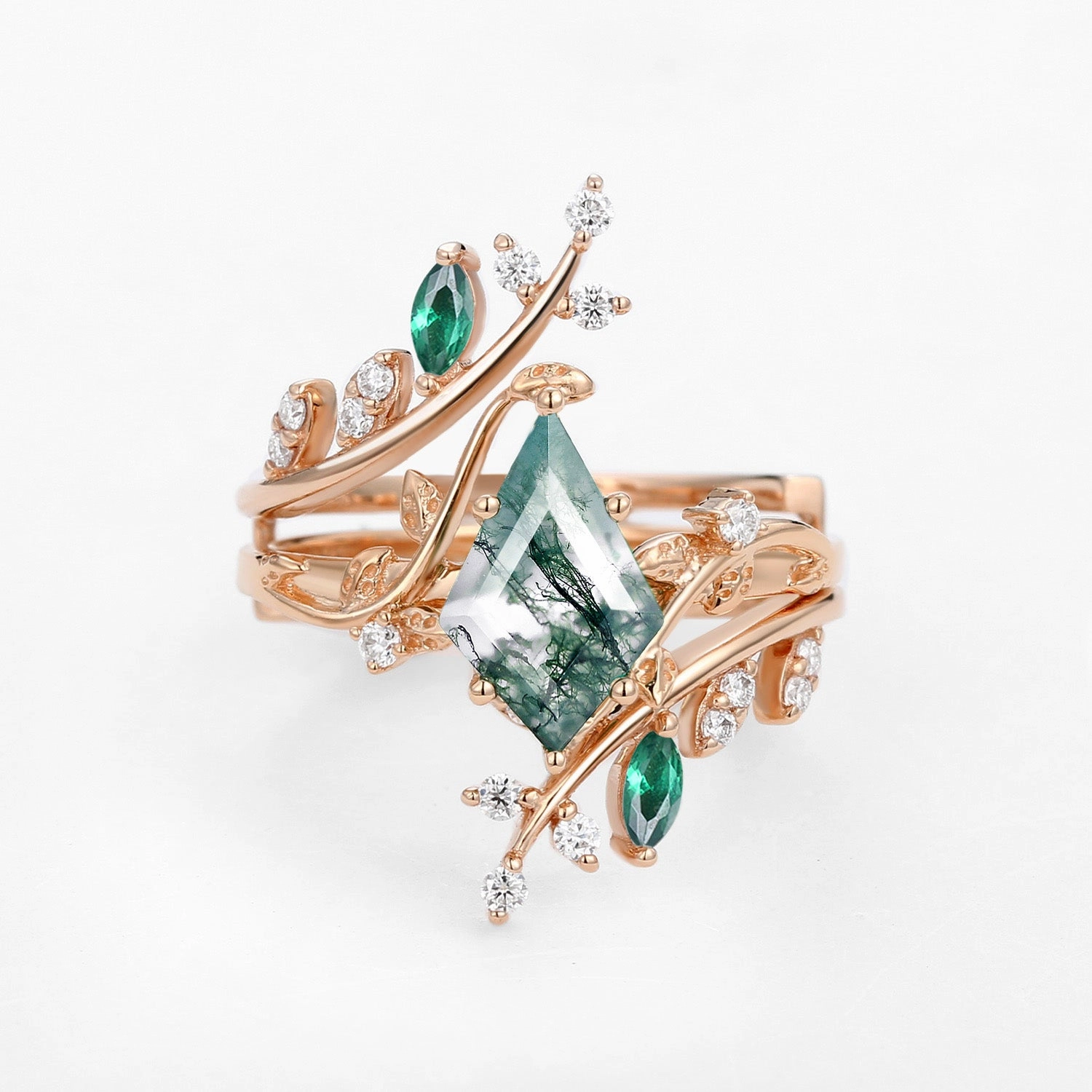 Dramatic Touch Unique Kite Cut Moss Agate & Emerald Cage Leafy Engagement Ring Sets 2pcs - Knight