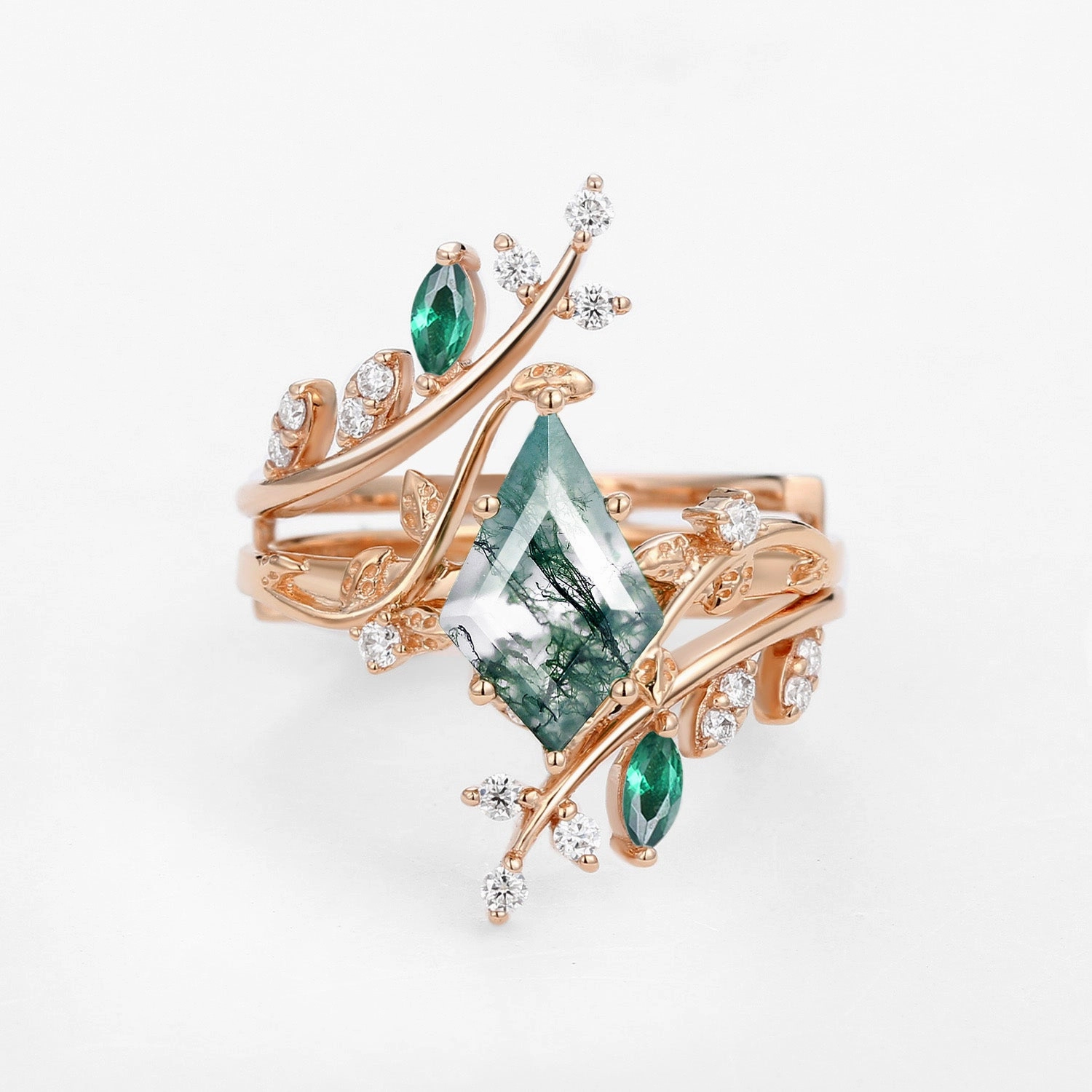 Glossy Touch Unique Kite Cut Moss Agate & Emerald Cage Leafy Engagement Ring Sets 2pcs - Knight