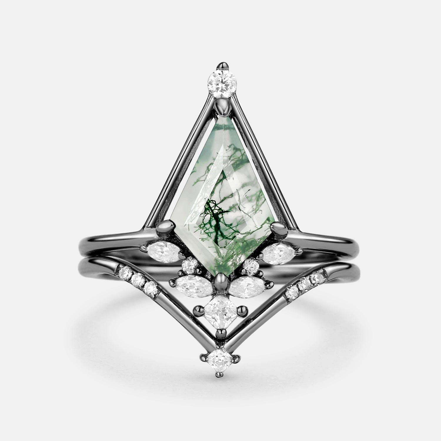 Stylish Line Handcrafted Craft Unique Kite Cut Moss Agate & Moissanite Engagement Ring Set 2pcs - Rime
