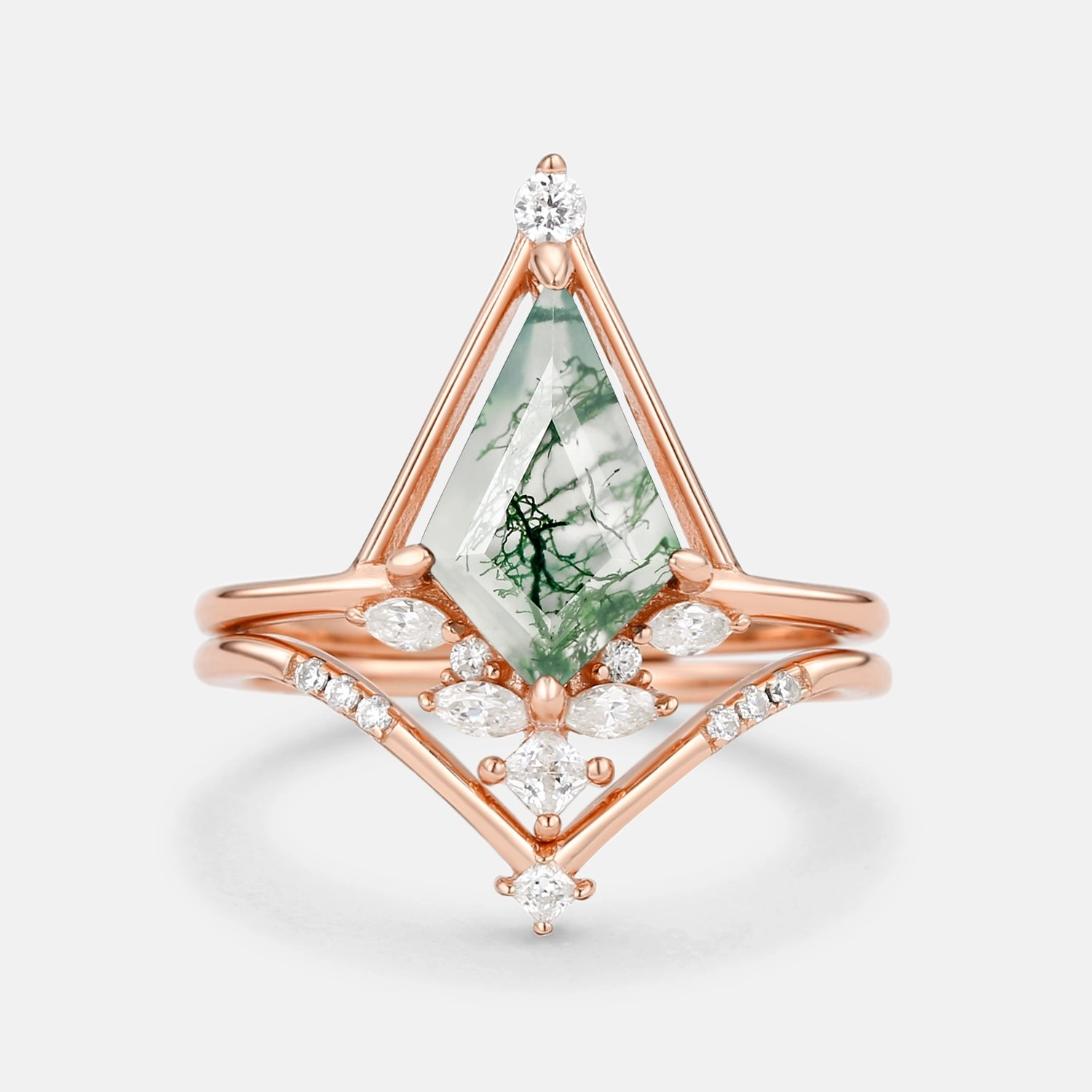 Sleek Craft Opulent Gem Unique Kite Cut Moss Agate & Moissanite Engagement Ring Set 2pcs - Rime
