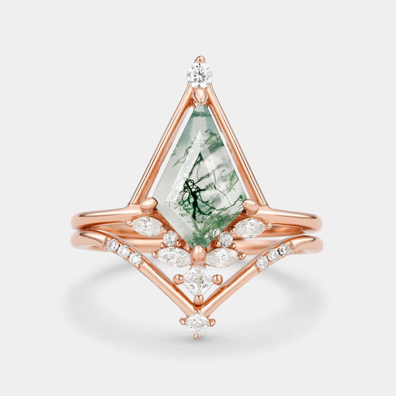 Unique Kite Cut Moss Agate & Moissanite Engagement Ring Set 2pcs - Rime Perfect Fit