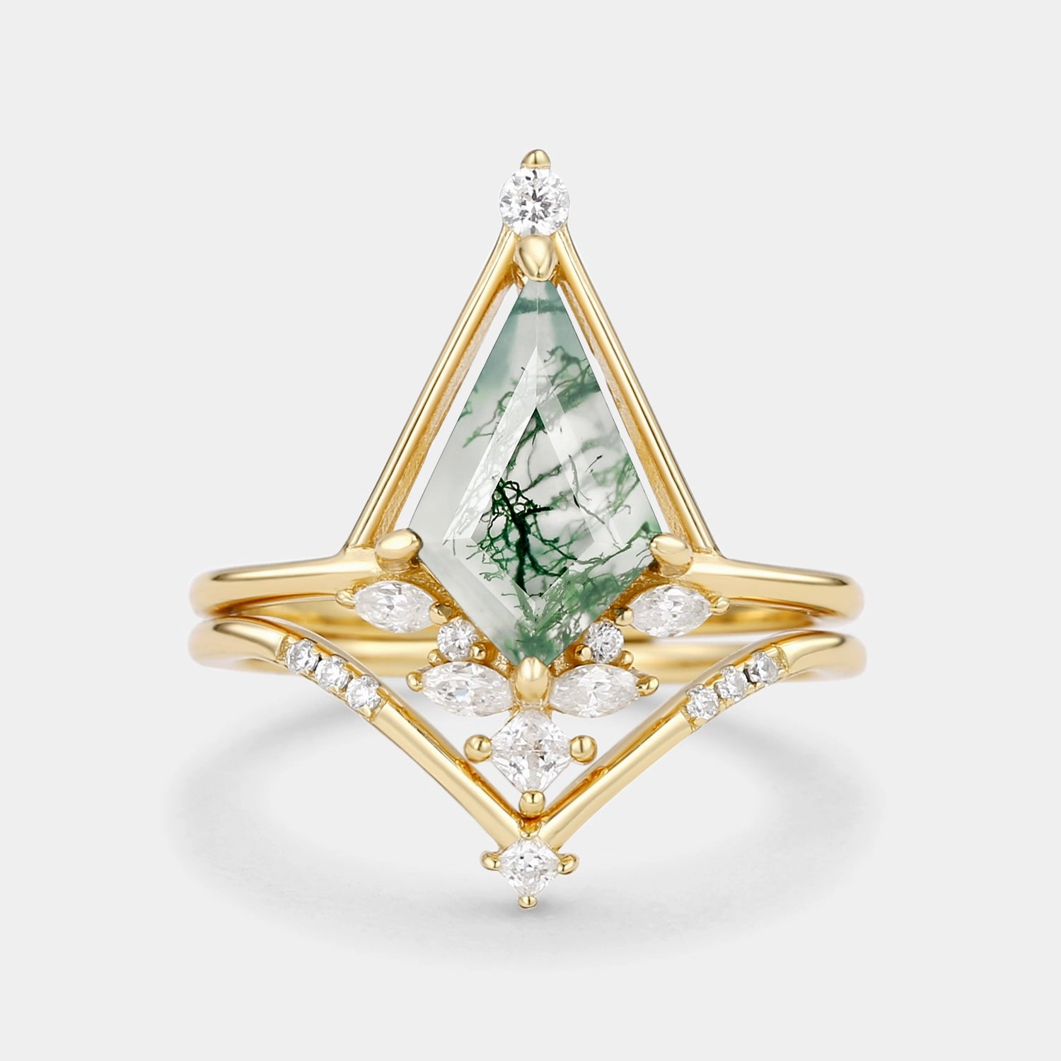 Glam Appeal Unique Kite Cut Moss Agate & Moissanite Engagement Ring Set 2pcs - Rime