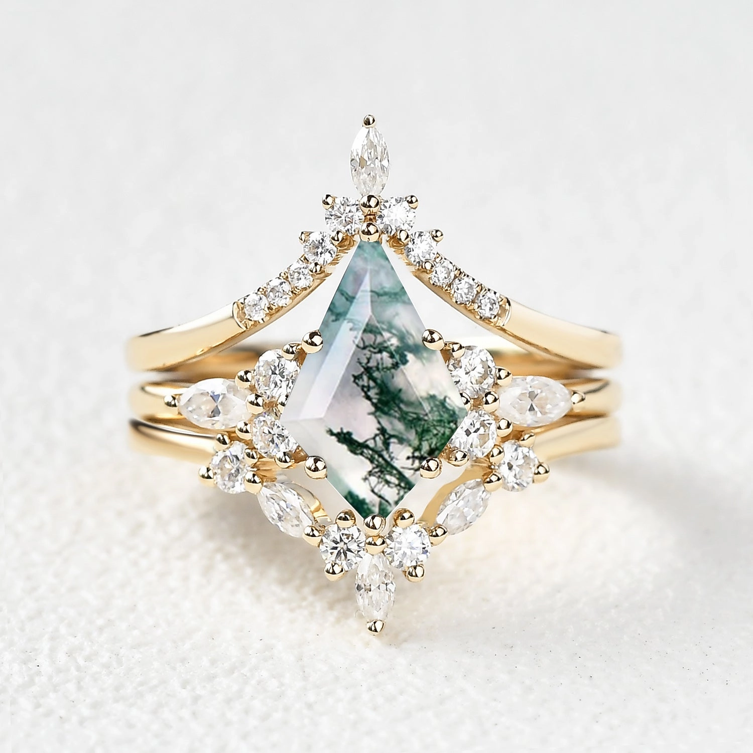 Unique Kite Cut Moss Agate Chevron Engagement Ring Set 3pcs - Kinsley All Day Look All Time