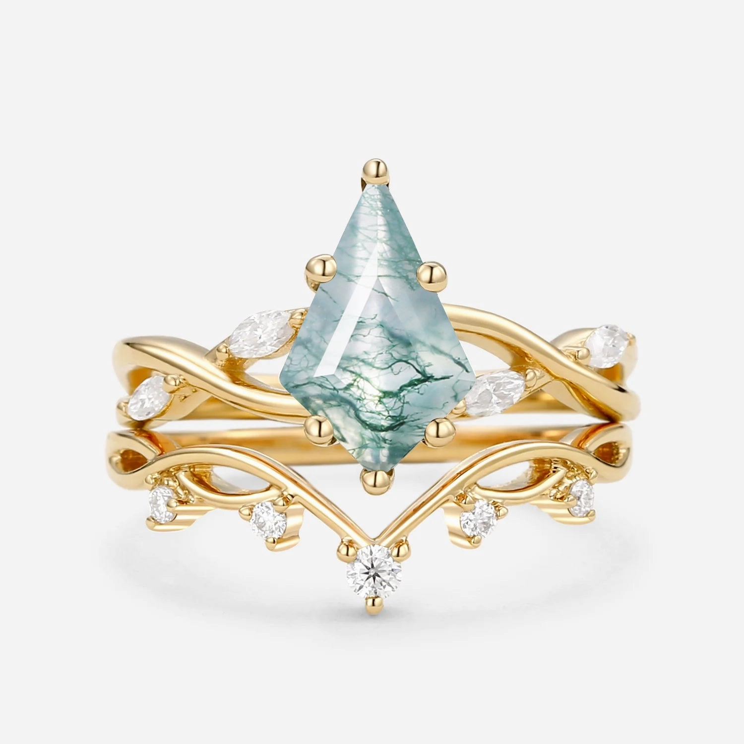 Unique Kite Cut Moss Agate Infinity Engagement Ring Sets 2pcs Shining Craft