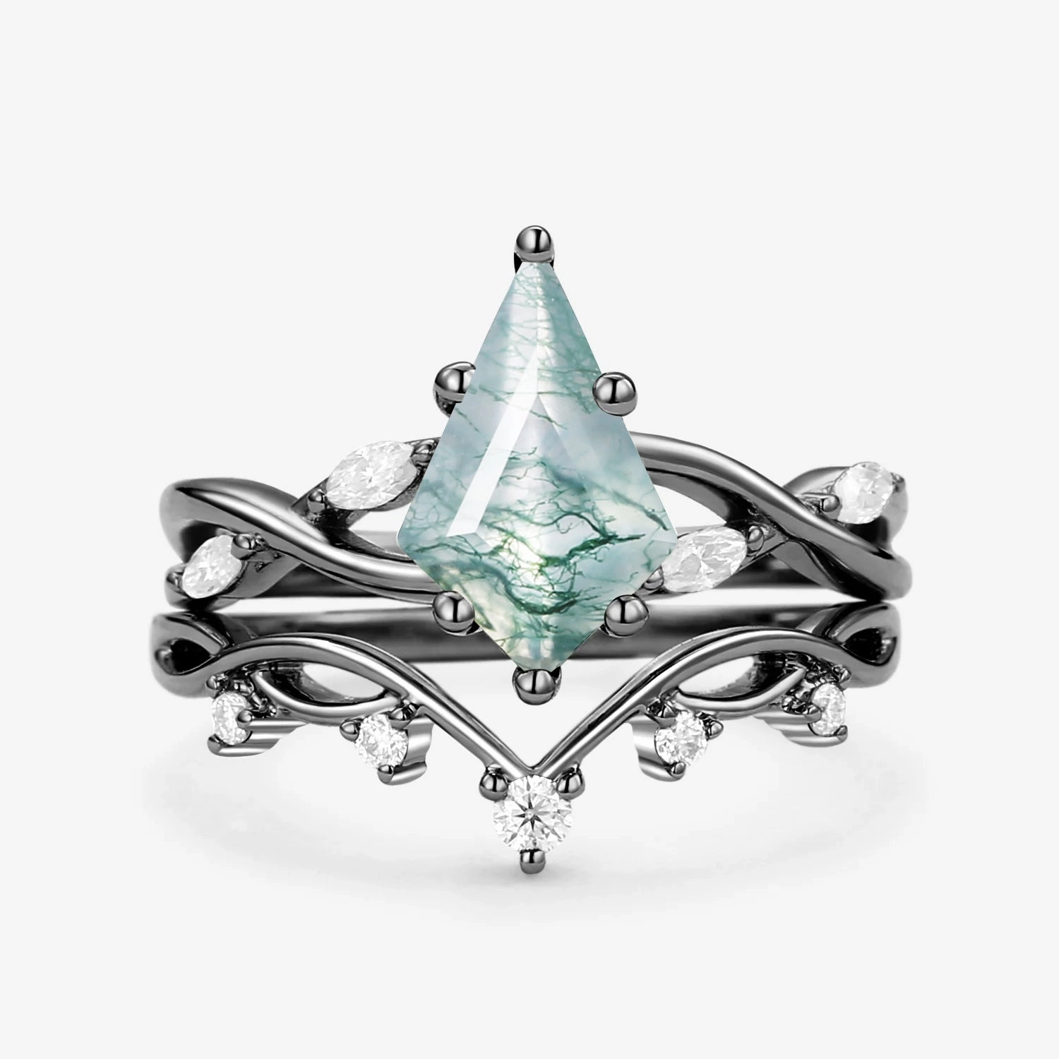 Classic Finish Unique Kite Cut Moss Agate Infinity Engagement Ring Sets 2pcs