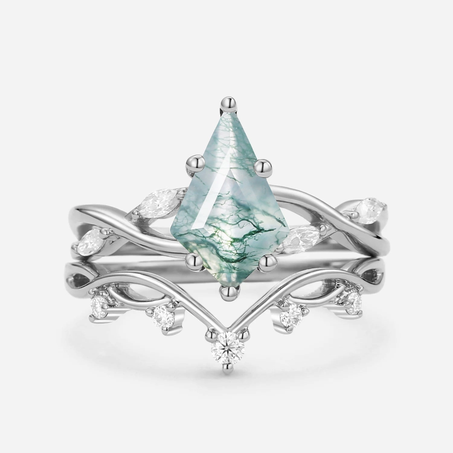 Exquisite Stones Radiant Shine Look Unique Kite Cut Moss Agate Infinity Engagement Ring Sets 2pcs