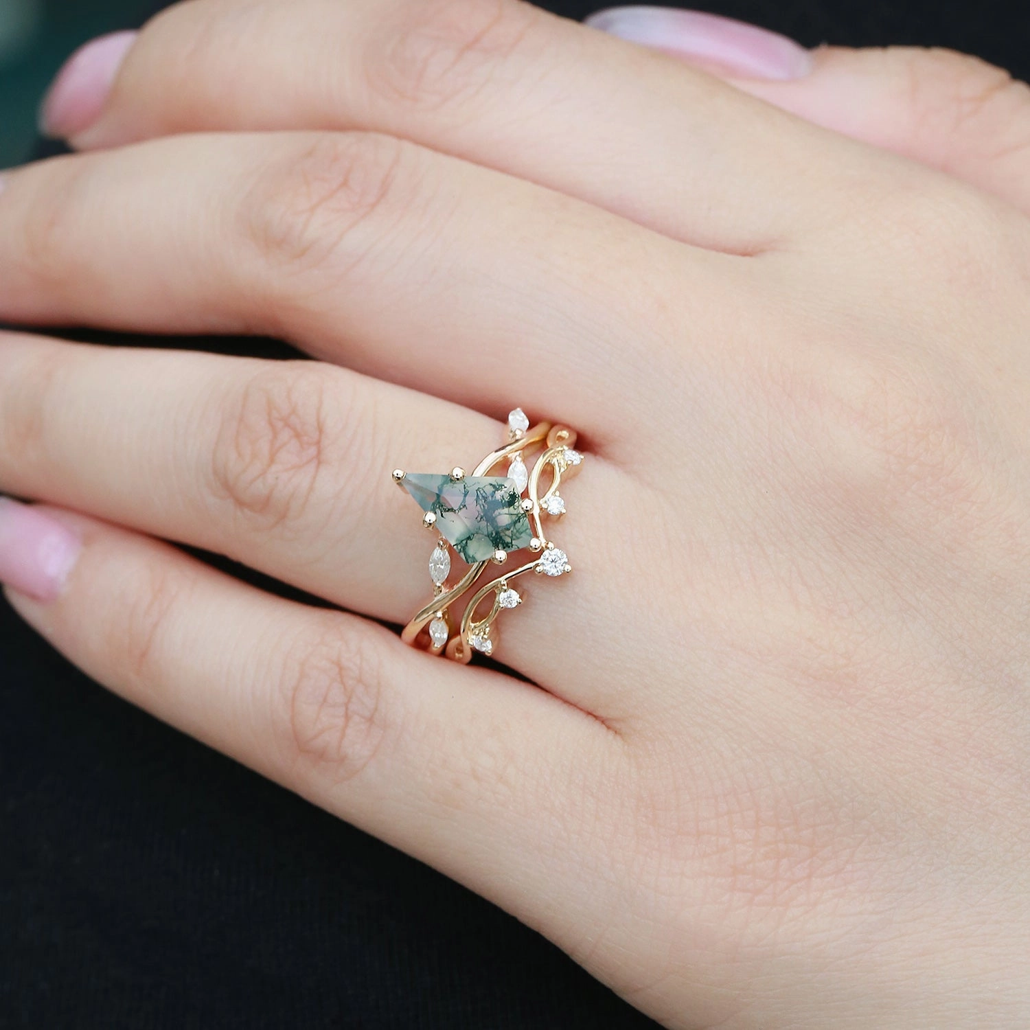 Unique Kite Cut Moss Agate Infinity Engagement Ring Sets 2pcs Handmade Elegance Artisan Detail