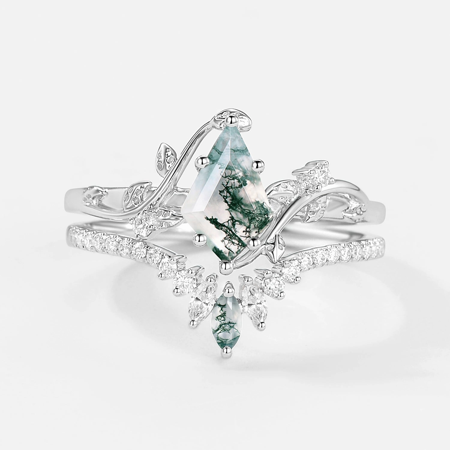 Unique Kite Cut Moss Agate Vine Bridal Ring Sets 2pcs Lightweight Accent