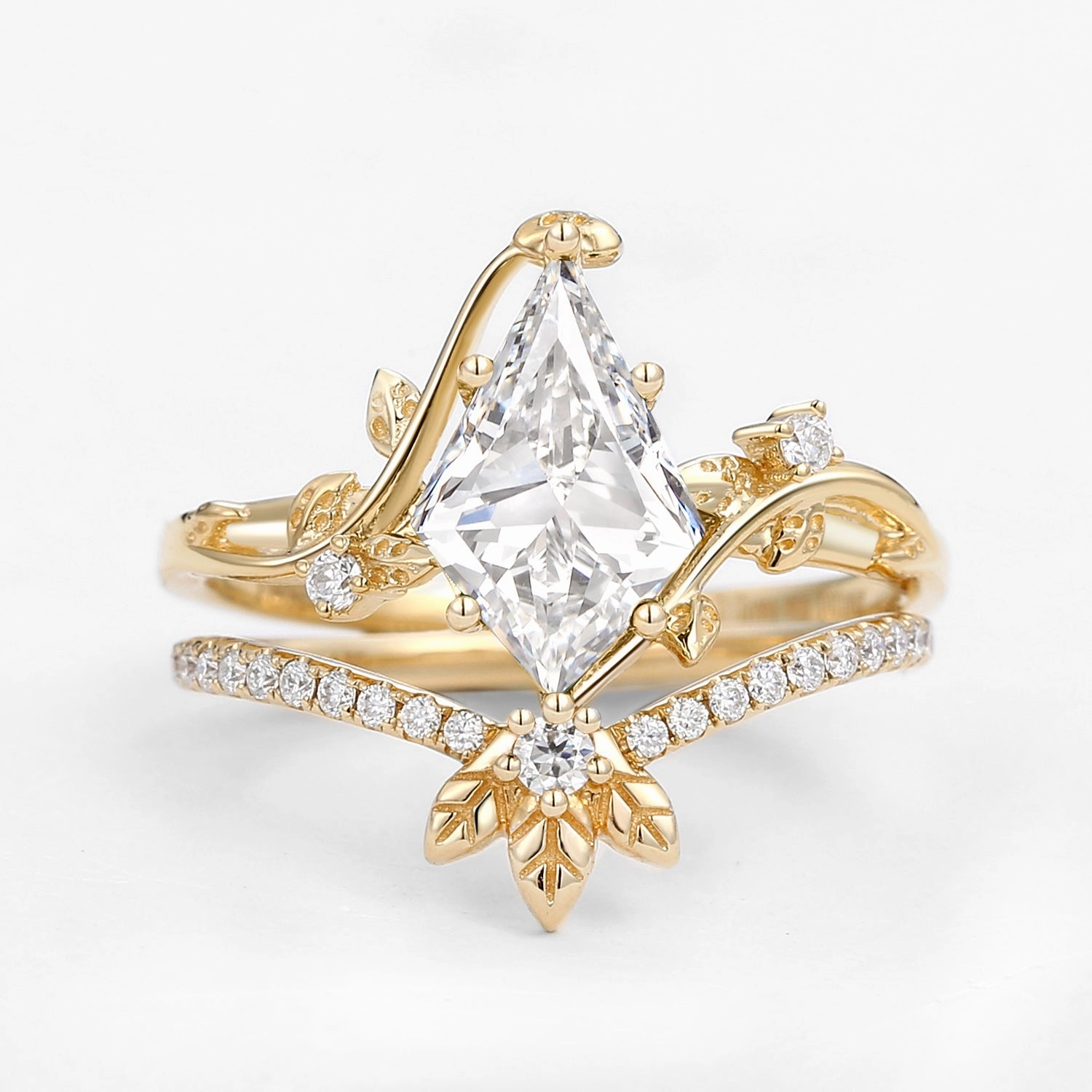 Natural Touch Handcrafted Highlight Unique Kite Lab Grown Diamond Three Leaves Engagement Ring Sets 2pcs - Ella