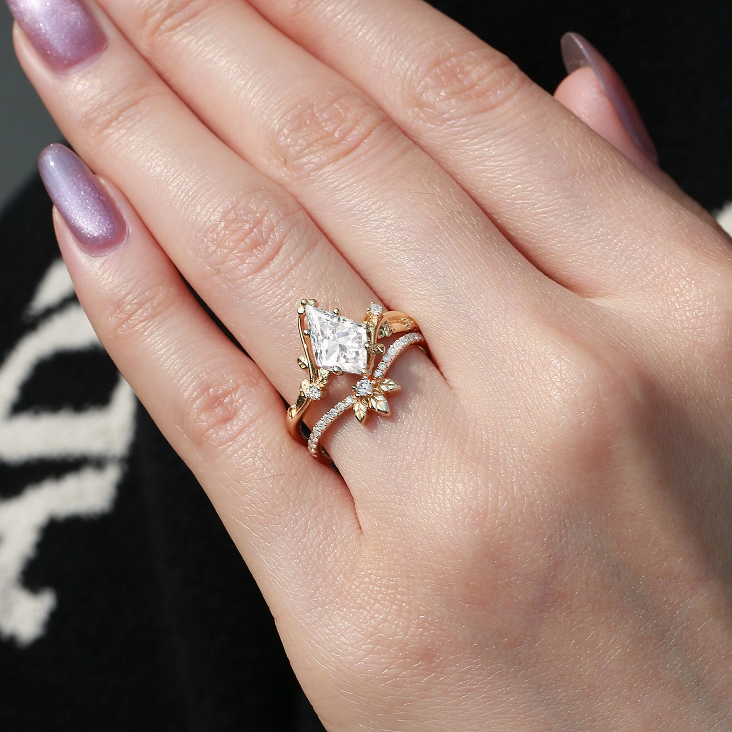 Delicate Details Unique Kite Lab Grown Diamond Three Leaves Engagement Ring Sets 2pcs - Ella