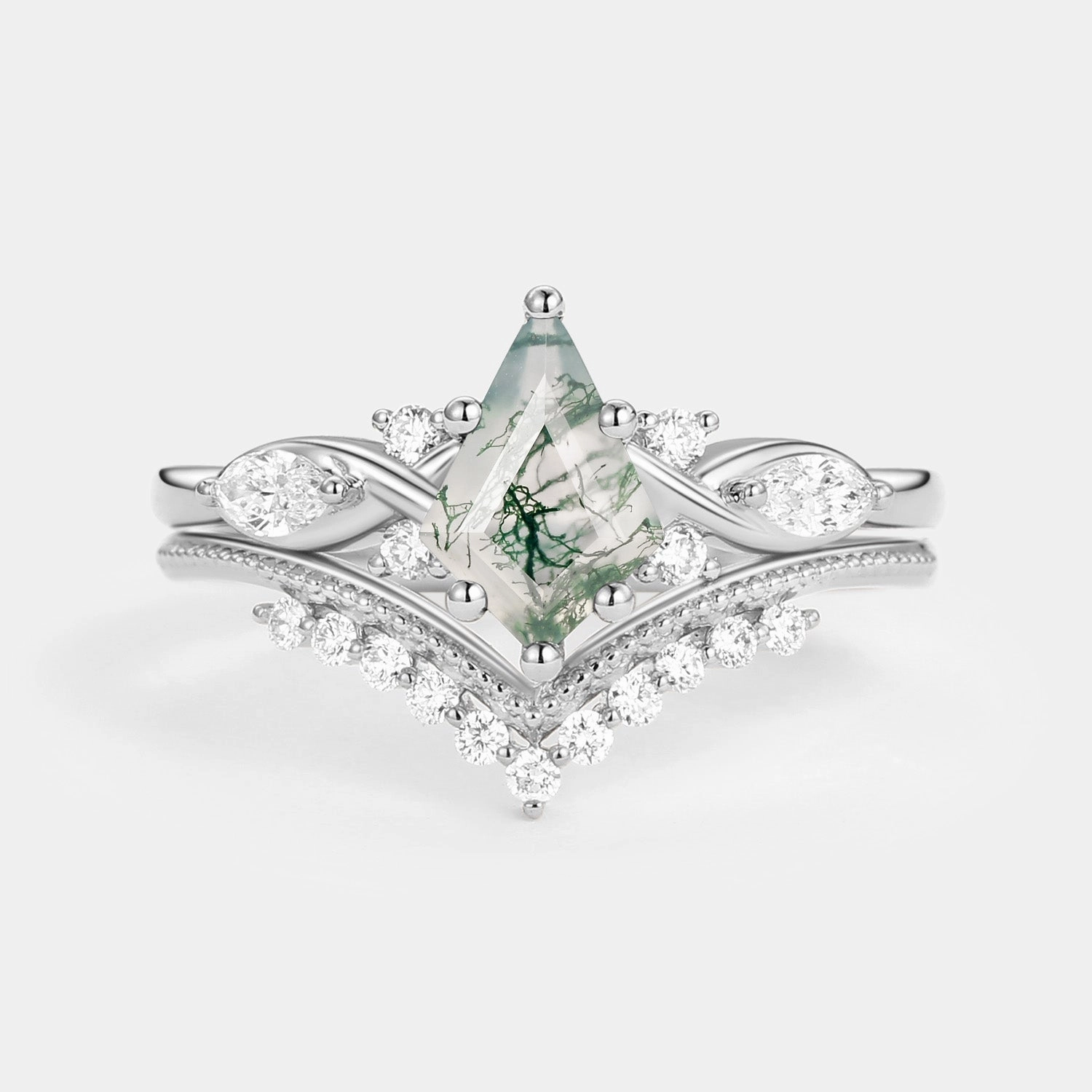 Unique Kite Moss Agate Infinity Engagement Ring Sets 2pcs Sleek Radiance