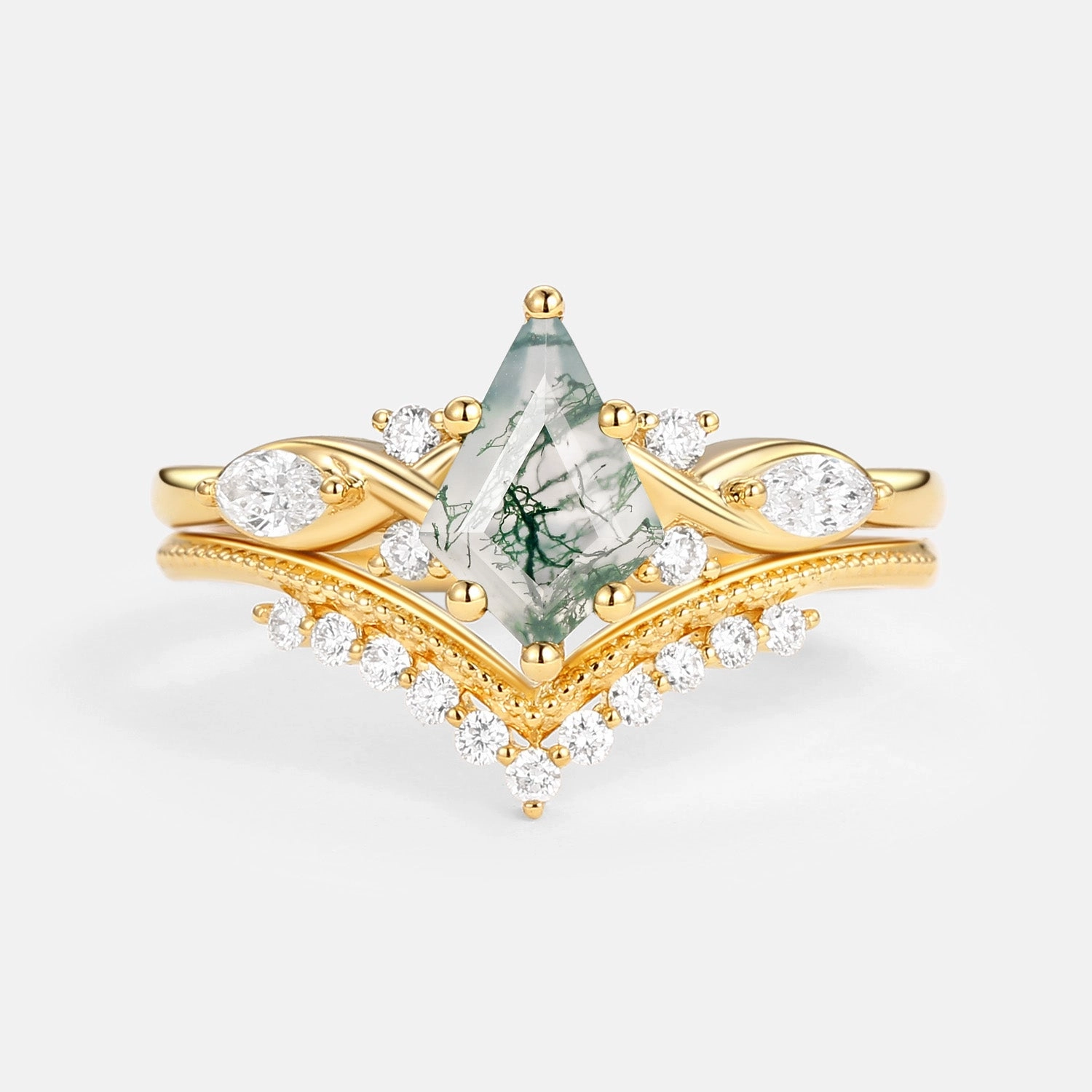 Unique Kite Moss Agate Infinity Engagement Ring Sets 2pcs Styled Accent Iconic Appeal