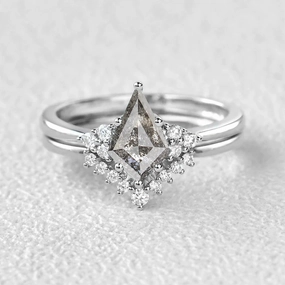 Elegant Update Graceful Look Unique Kite Salt & Pepper Diamonds Engagement Ring 2pcs