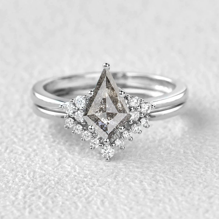 Elegant Update Graceful Look Unique Kite Salt & Pepper Diamonds Engagement Ring 2pcs