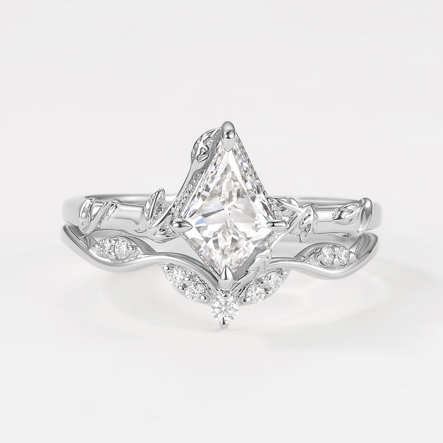 Distinct Form custom design Unique Leafy Kite Lab Grown Diamond Engagement Ring Set 2pcs