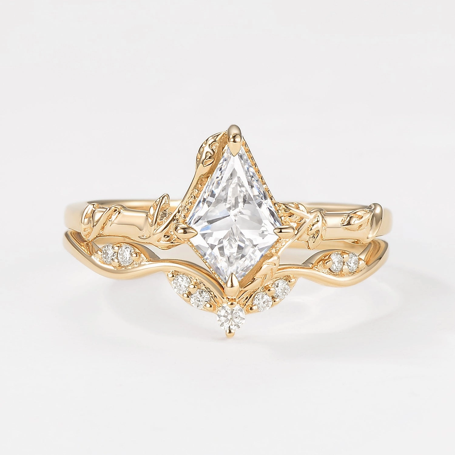 Unique Leafy Kite Lab Grown Diamond Engagement Ring Set 2pcs Minimalist Finish Accent Piece