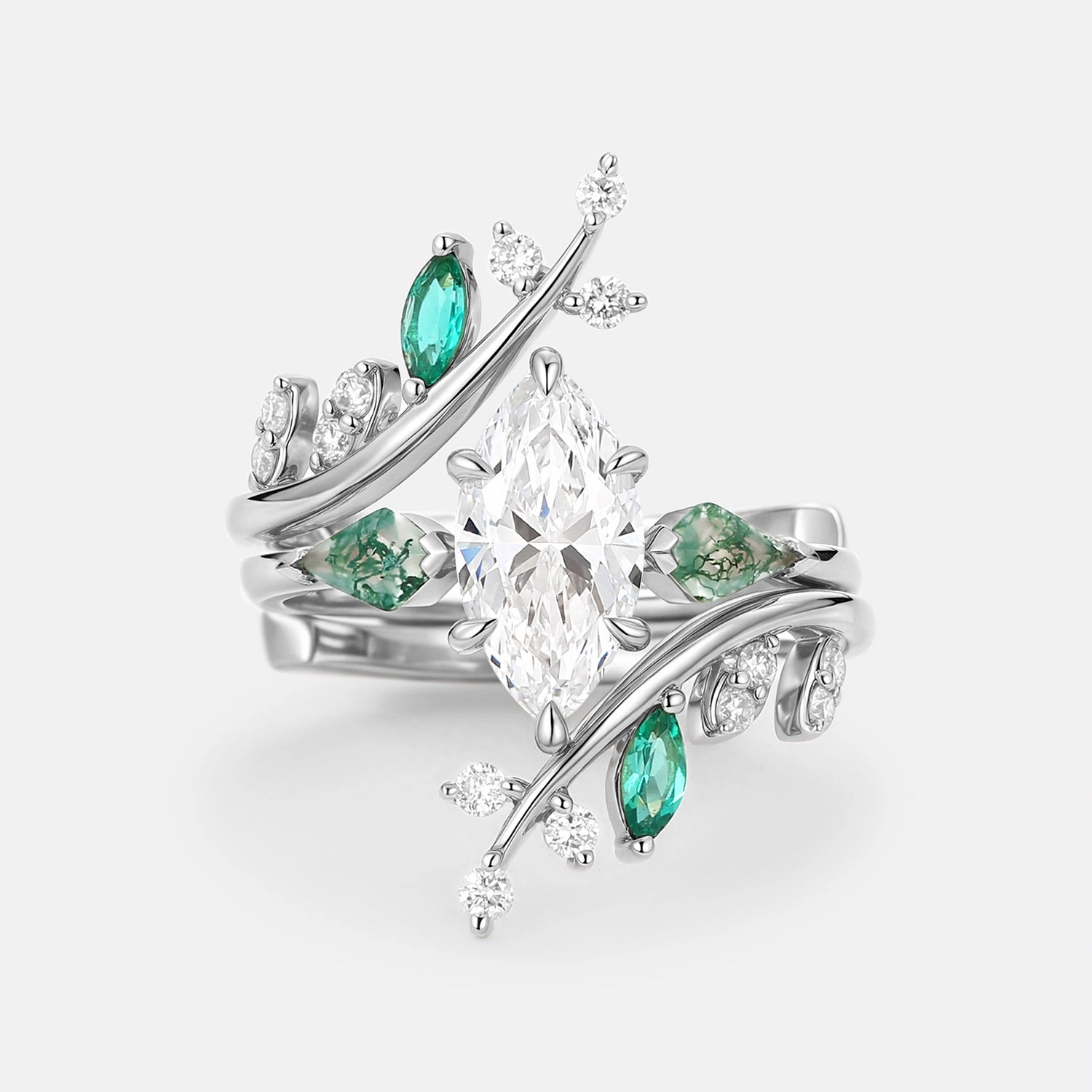 Close Up Unique Marquise Cut Lab Diamond Cage Leafy Engagement Ring Sets 2pcs - Knight