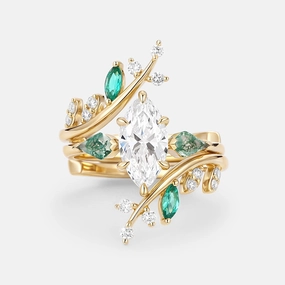 Vibrant Glam Fresh Form Unique Marquise Cut Lab Diamond Cage Leafy Engagement Ring Sets 2pcs - Knight