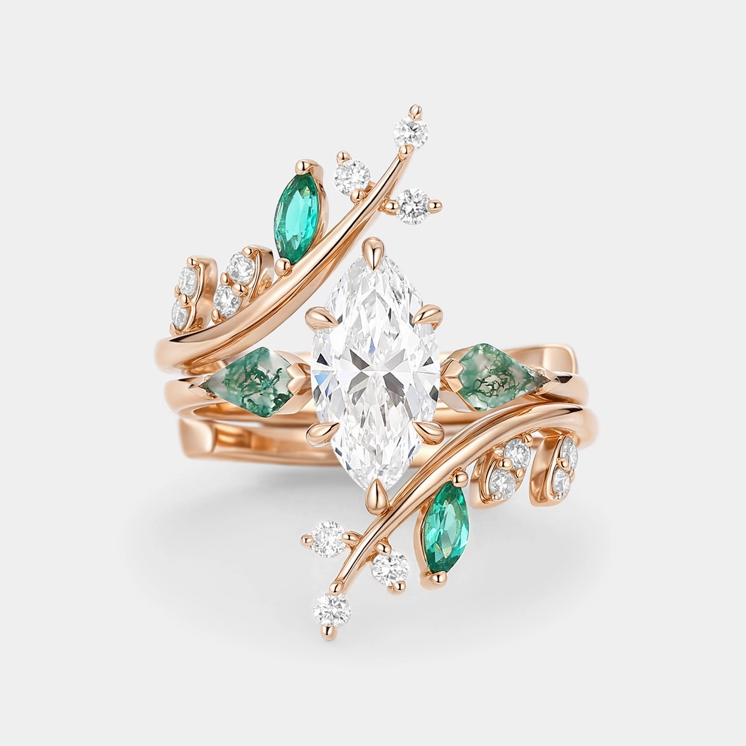 Opulent Craft Soft feature Unique Marquise Cut Lab Diamond Cage Leafy Engagement Ring Sets 2pcs - Knight