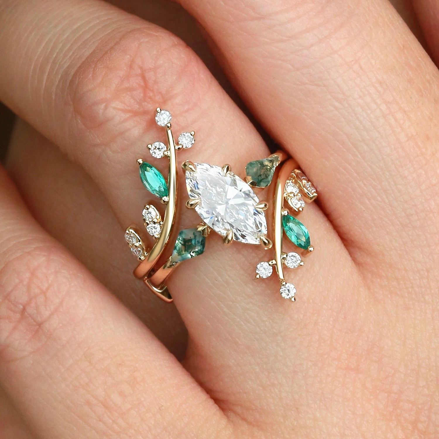 Brilliant Accent Fine Accent Unique Marquise Cut Lab Diamond Cage Leafy Engagement Ring Sets 2pcs - Knight