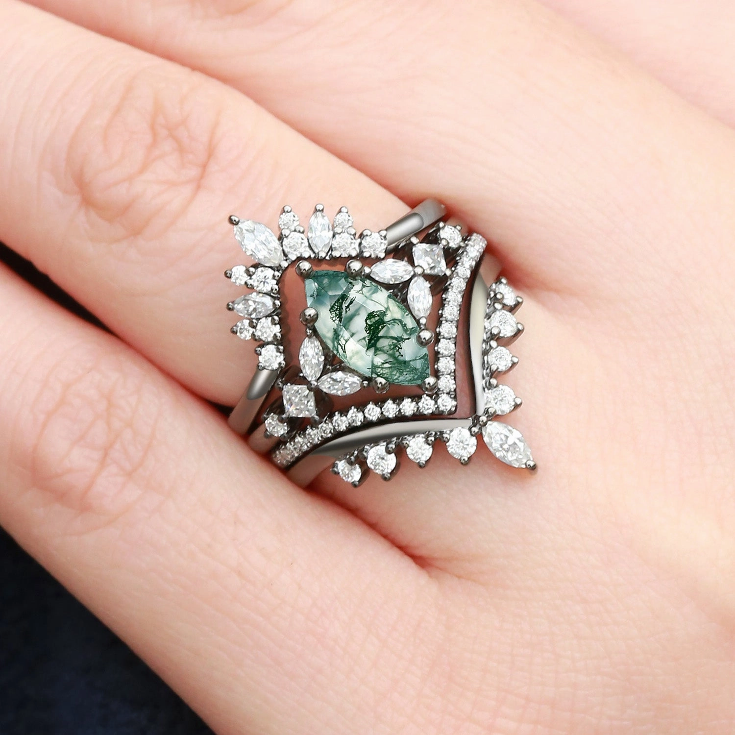 Luxury Highlight Unique Marquise Moss Agate Engagement Ring Set 4pcs - Amelia