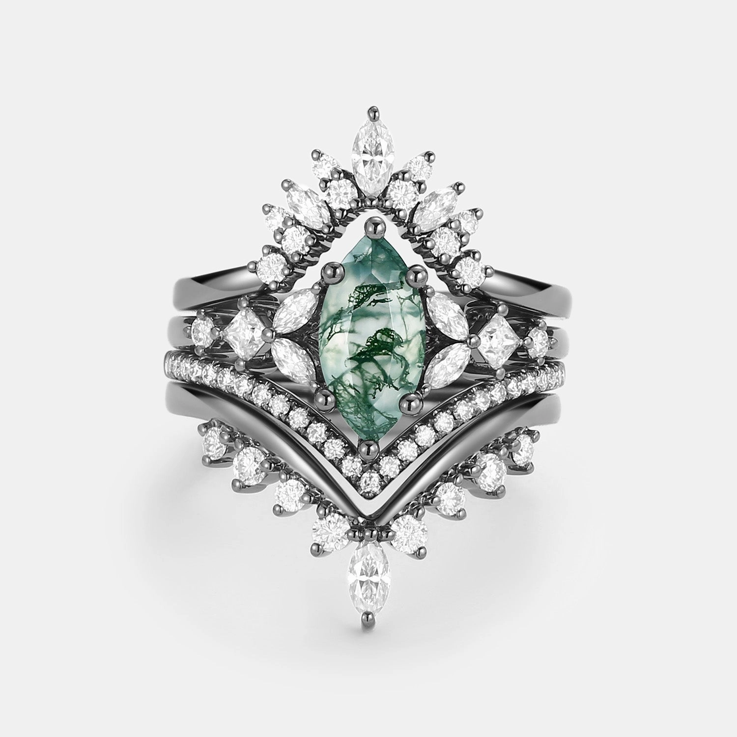Unique Marquise Moss Agate Engagement Ring Set 4pcs - Amelia Layer Look Luxury Form