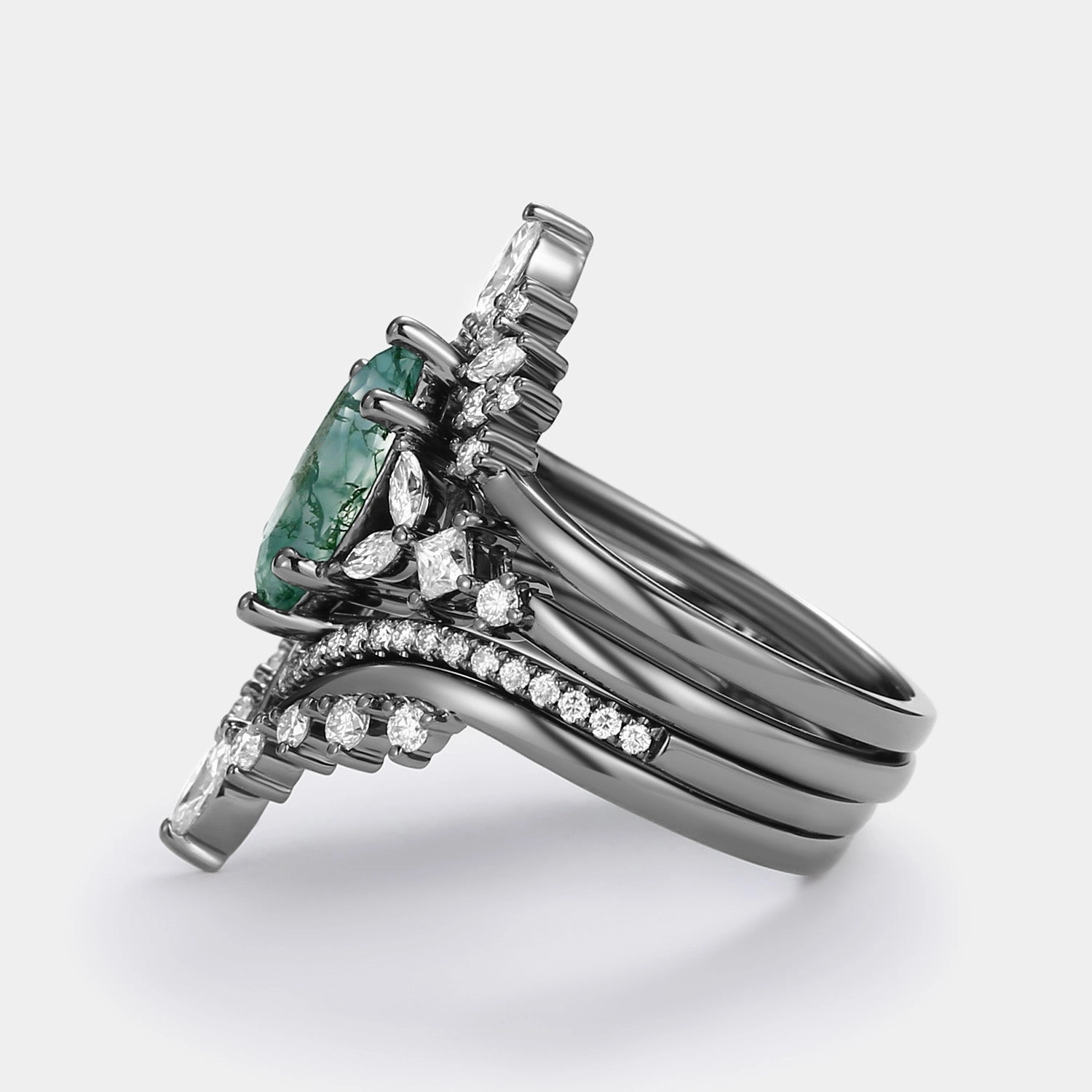 Unique Marquise Moss Agate Engagement Ring Set 4pcs - Amelia Delicate Glam festival look