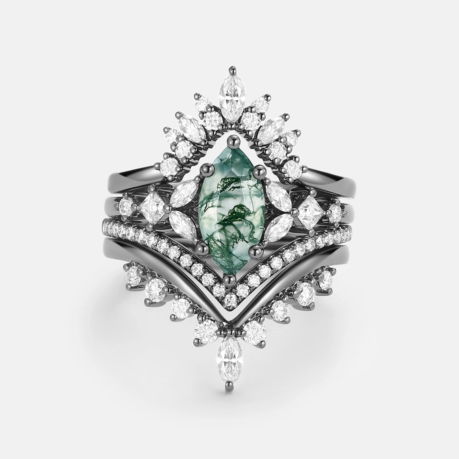 Radiant Radiance Sparkling Accent Unique Marquise Moss Agate Engagement Ring Set 4pcs - Amelia