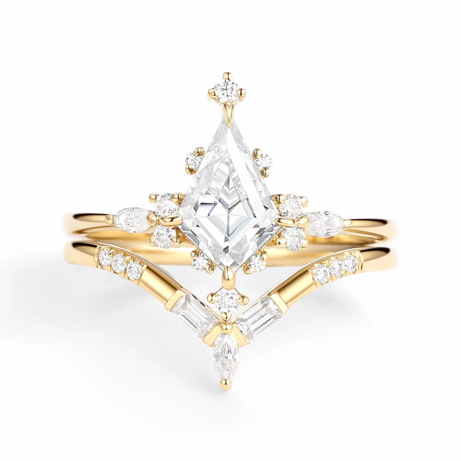 Bold Statement Essential Pair Unique Moissanite Star Kite Engagement Ring Set 2pcs - Isla