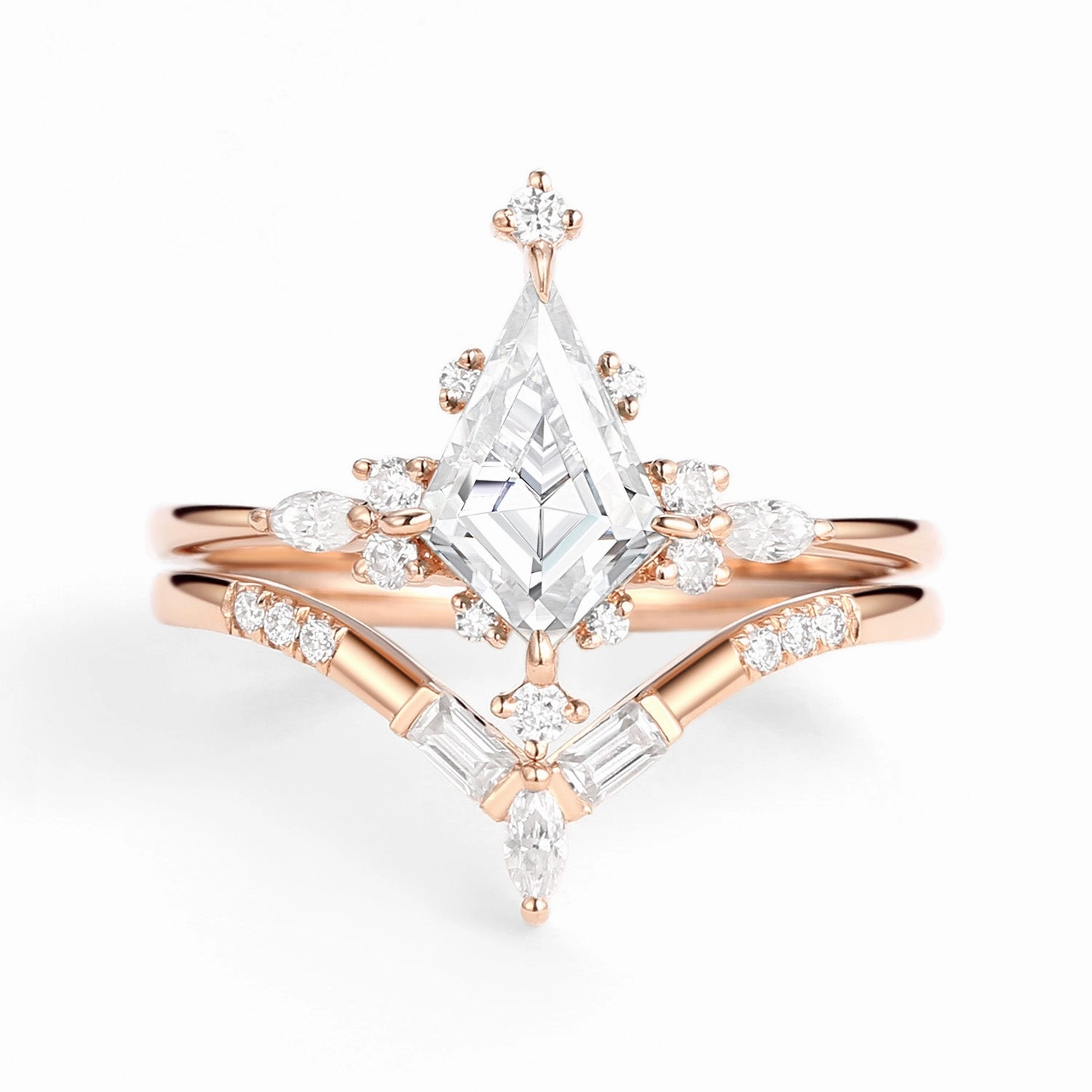 Trendy Detail Glossy Look Unique Moissanite Star Kite Engagement Ring Set 2pcs - Isla