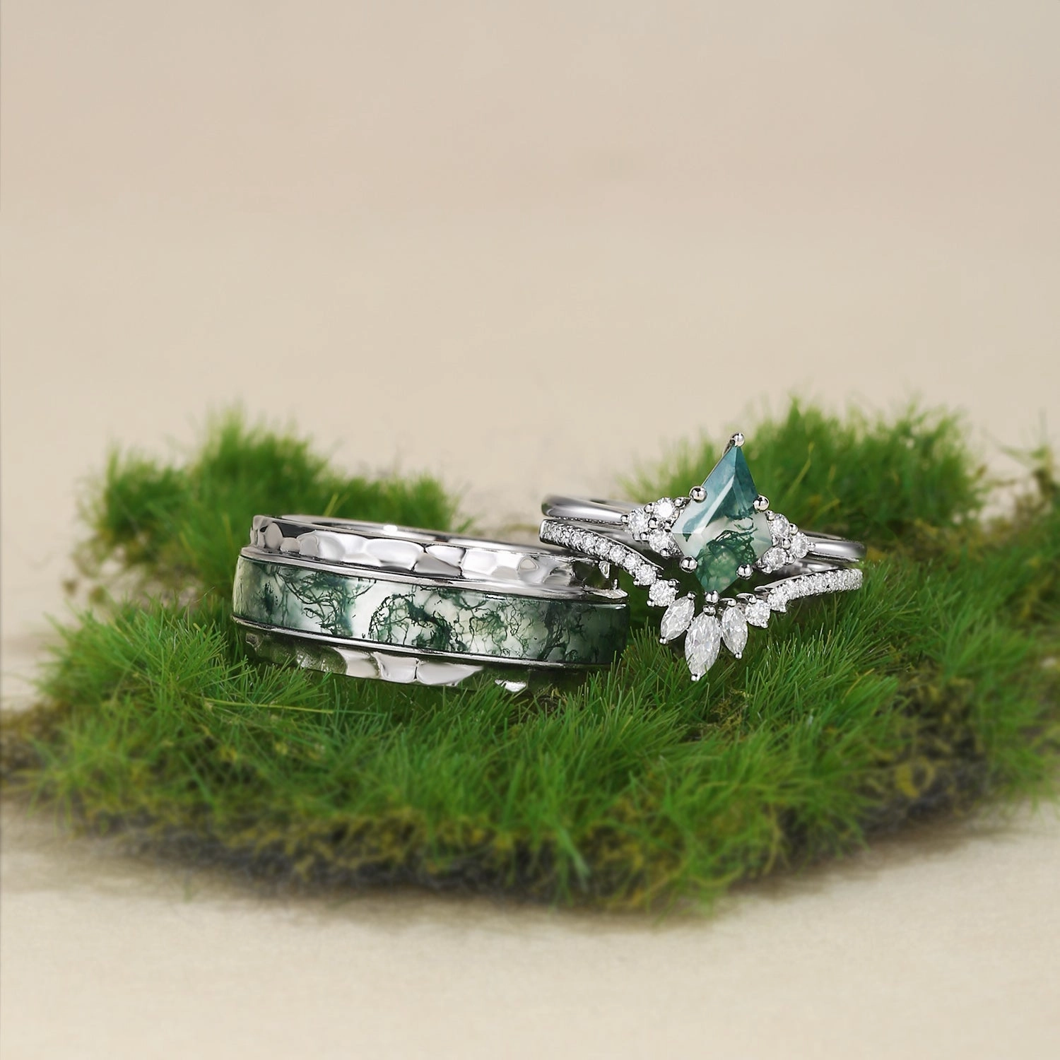 Layered Design Unique Moss Agate Engagement Couple Ring Set 3pcs - Lydia