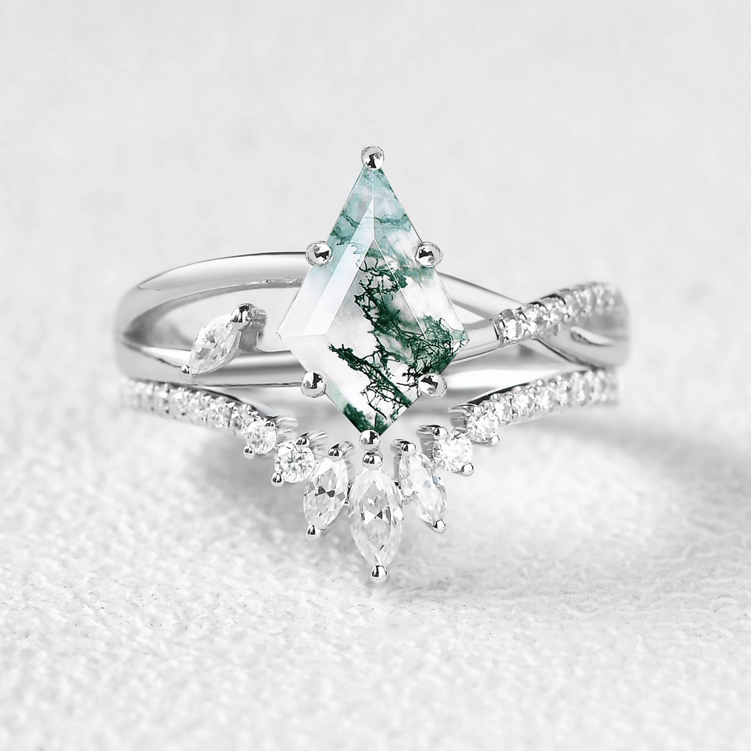 Charming Details Unique Moss Agate Infinity Engagement Ring Sets 2pcs