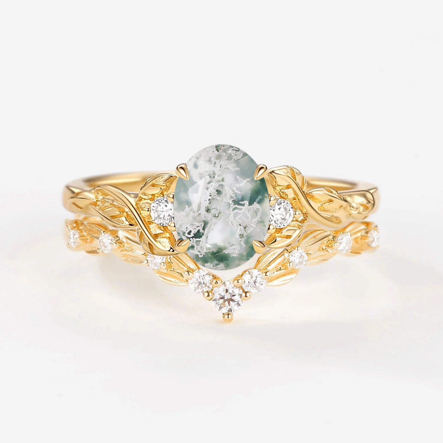 Timeless Accessories Unique Moss Agate Leafy Engagement Ring Sets 2pcs