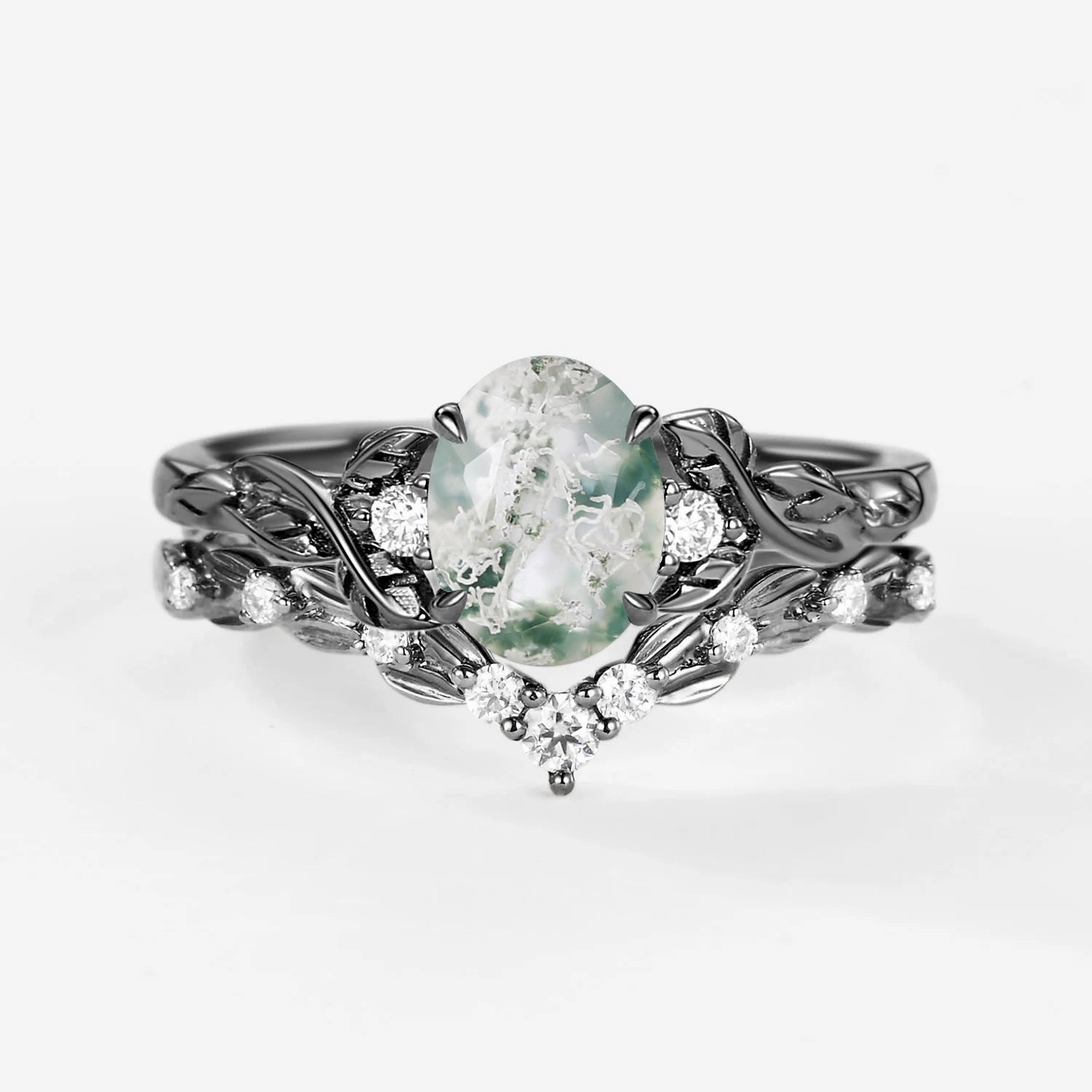 Unique Moss Agate Leafy Engagement Ring Sets 2pcs Gold Accent Evening Feature