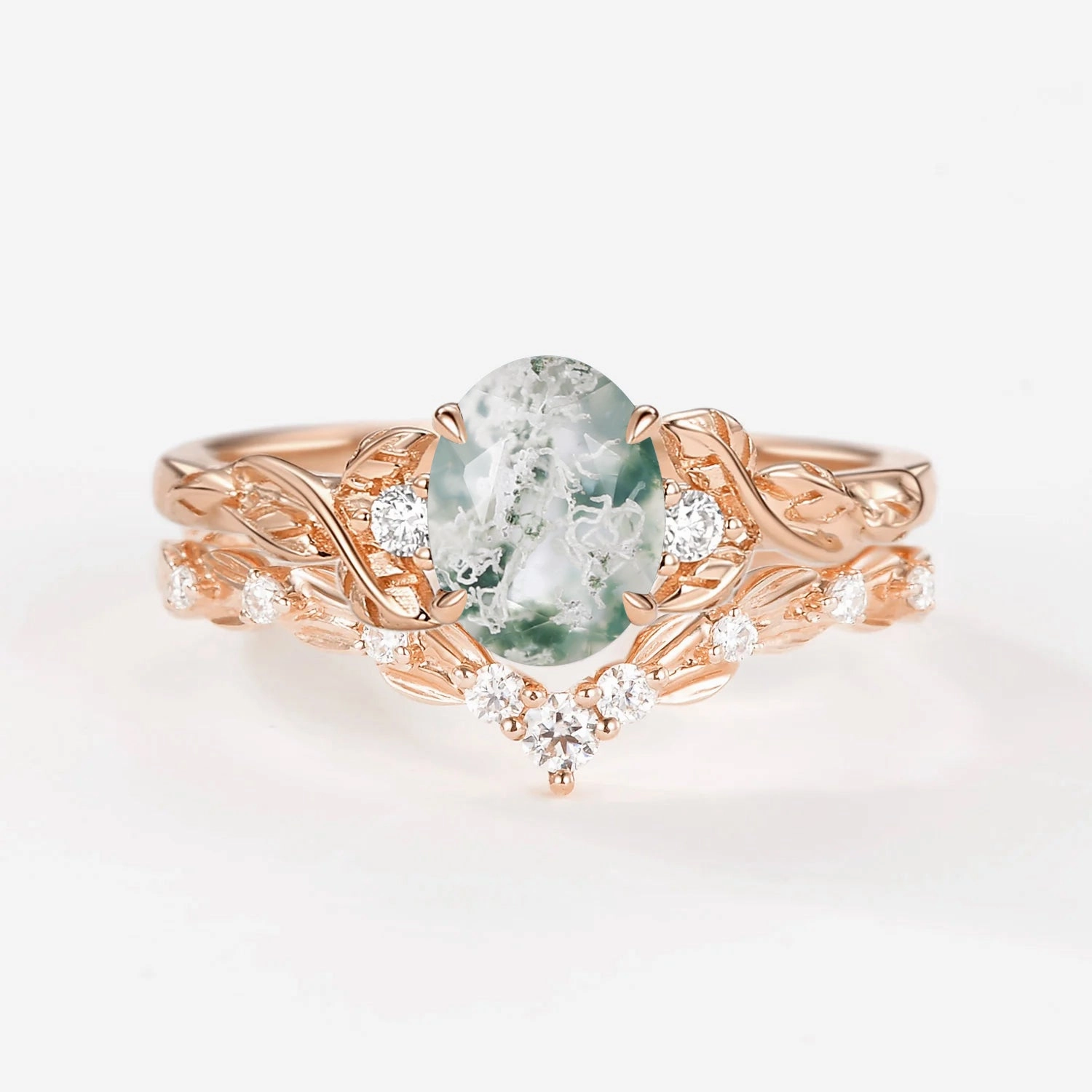 Unique Moss Agate Leafy Engagement Ring Sets 2pcs Radiant Craft Light Fit