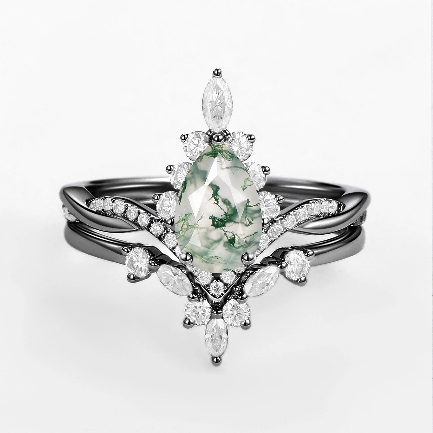 Perfect Accent Unique Moss Agate Pear Shape Engagement Ring Sets 2pcs