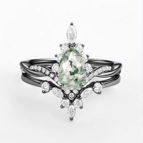 Perfect Accent Unique Moss Agate Pear Shape Engagement Ring Sets 2pcs
