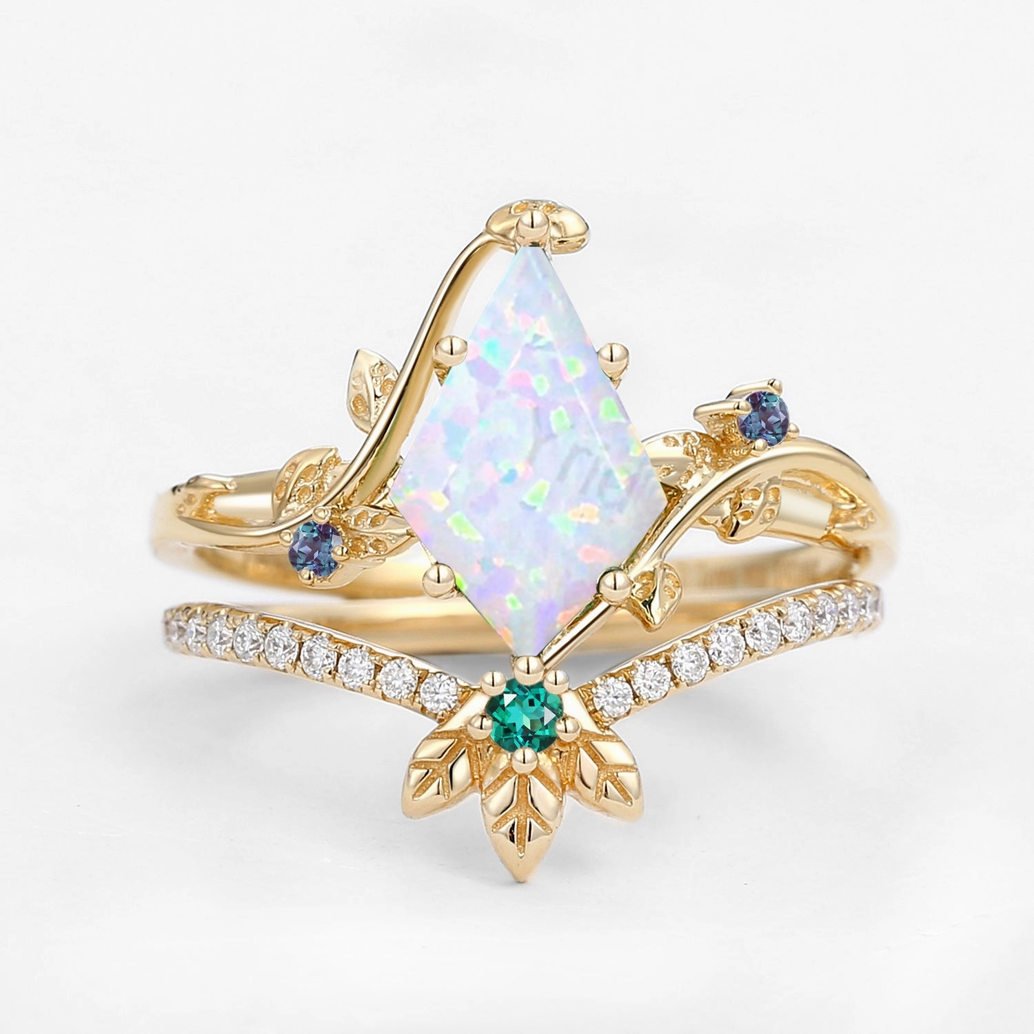 Precious Jewelry Unique Opal & Alexandrite & Emerald Three Leaves Engagement Ring Set 2pcs - Mermaid